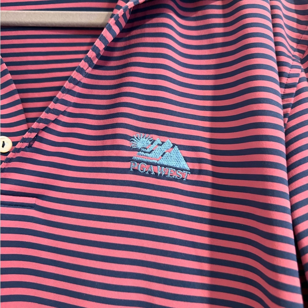 PGA WEST Peter Millar Navy and Fuschia Striped Polo - Picture 2 of 5